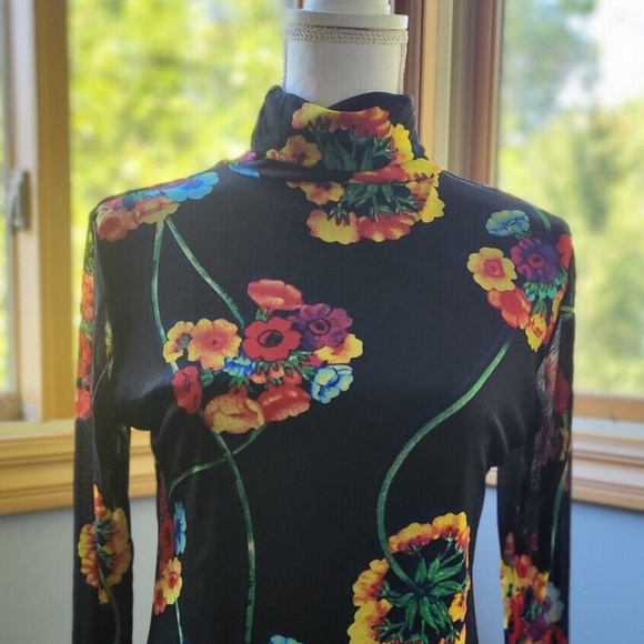 Dark Floral Print Sweater/Black background/Flowers/ Triple Cowl Neck/ Turtleneck - Picture 1 of 7